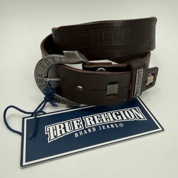 True Religion Jeans Belt Women\'s Size 22 NWT with Flaws Brown Leather Silver